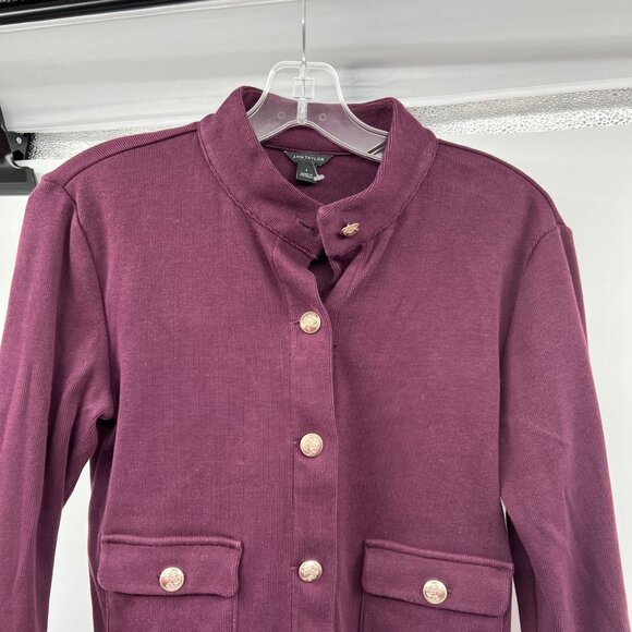 Ann Taylor Womens Cropped Sweater Jacket Gold Buttons Long Sleeve Maroon Small - Picture 2 of 9